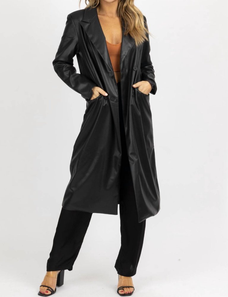 Faux Leather Relaxed Trench Coat In Black - Black