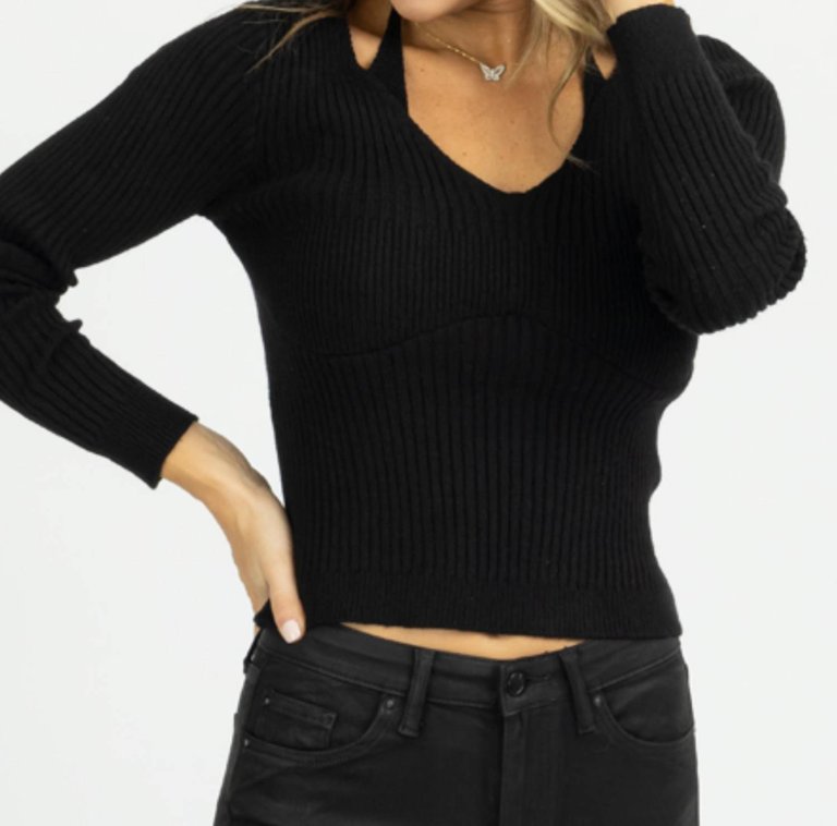 Knit Collar Tie Long Sleeve Top In Black - Black