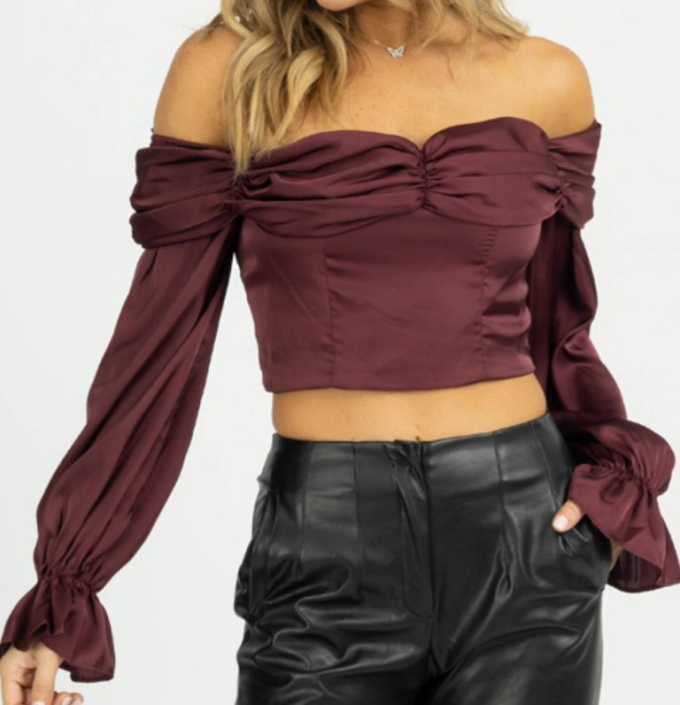 Satin Off Shoulder Blouse In Burgundy