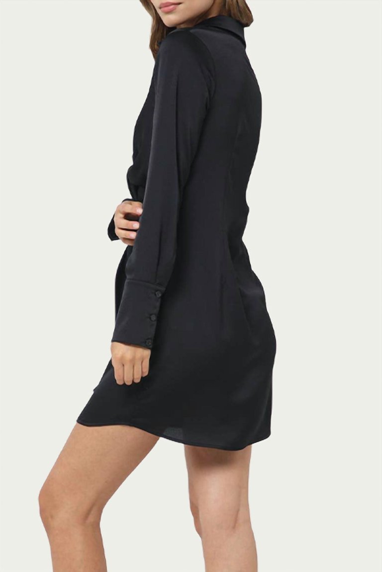 Tie-Front Satin Shirt Dress In Black