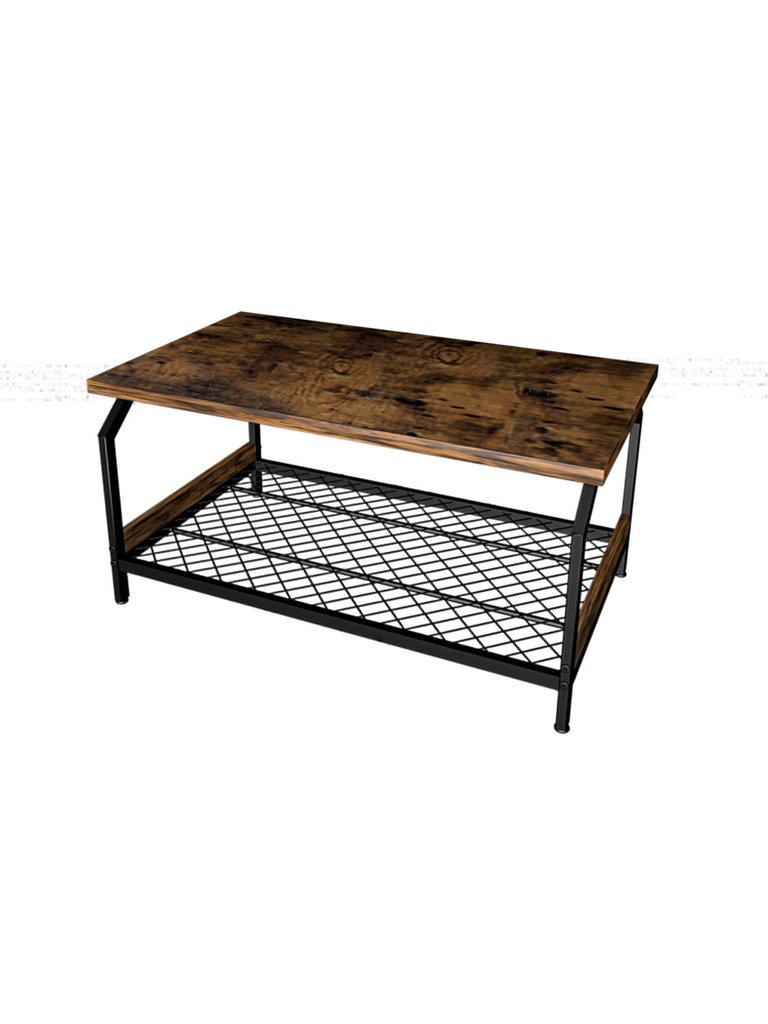 Wood Coffee Anti-Rust Iron Table With Black Mesh Shelf - Brown/Black