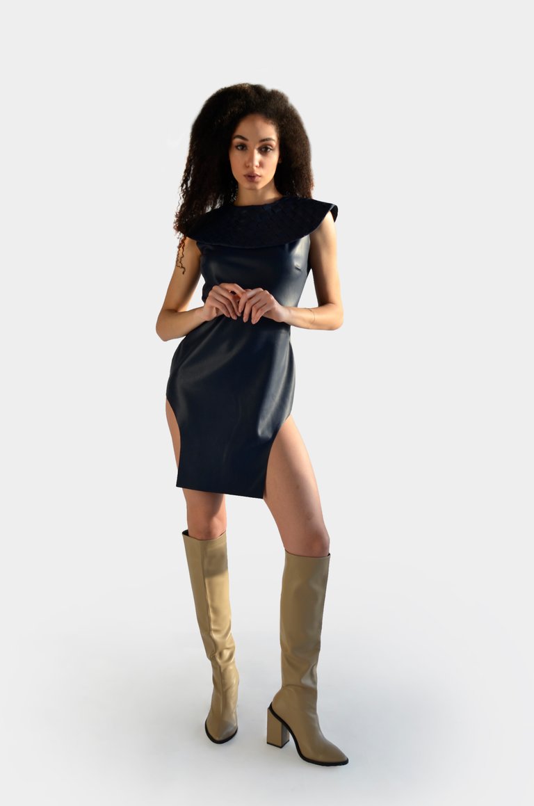 Eco Leather Dress Deep Cutouts - Navy Blue