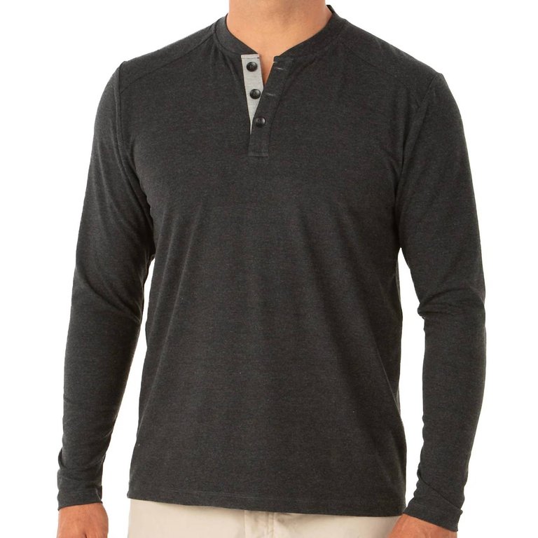 Bamboo Flex Henley In Heather Black - Heather Black