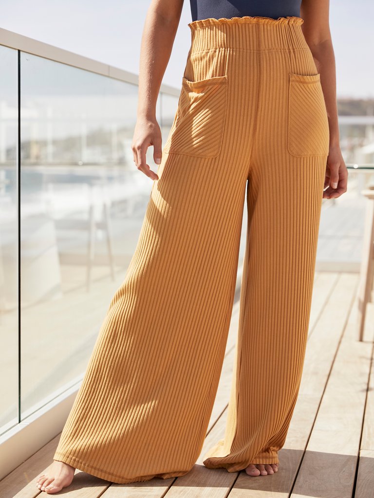 Blissed Out Ribbed Wide Leg Pants - Golden