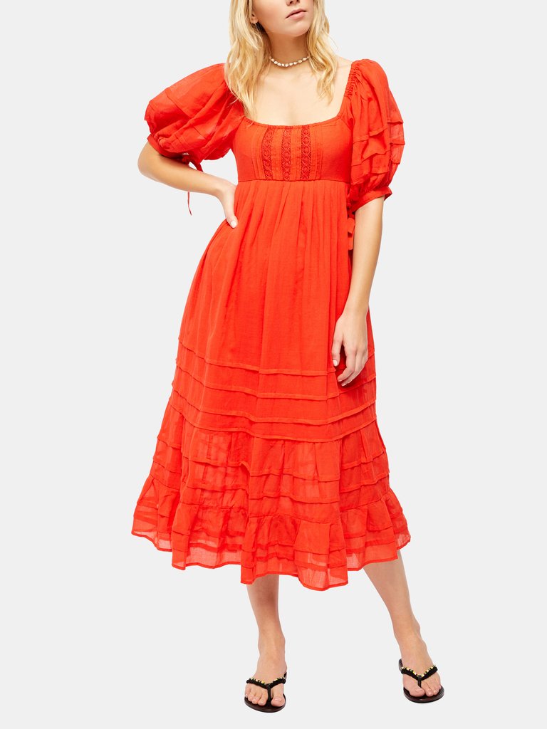 Let’s Be Friends Puff Sleeve Midi Dress - Rome Red