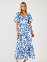 Floral Back Tied Maxi Dress - White/Blue