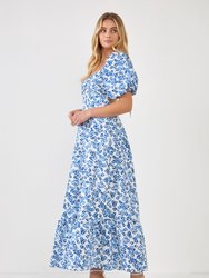 Floral Back Tied Maxi Dress - White/Blue