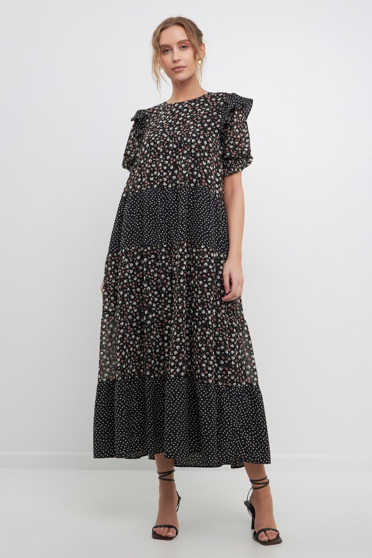 Floral & Dot Print Maxi Dress - Black Multi