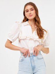 Floral Embroiderd Short Sleeve Top - Off White