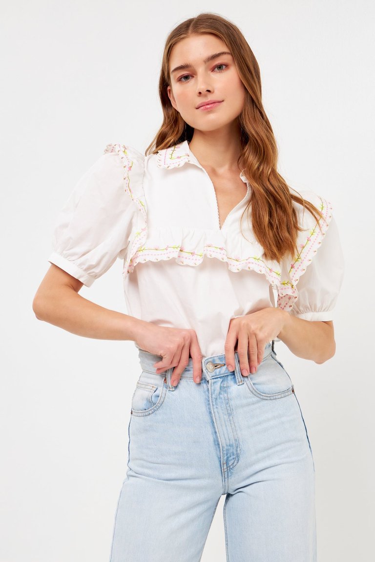 Floral Embroiderd Short Sleeve Top - Off White