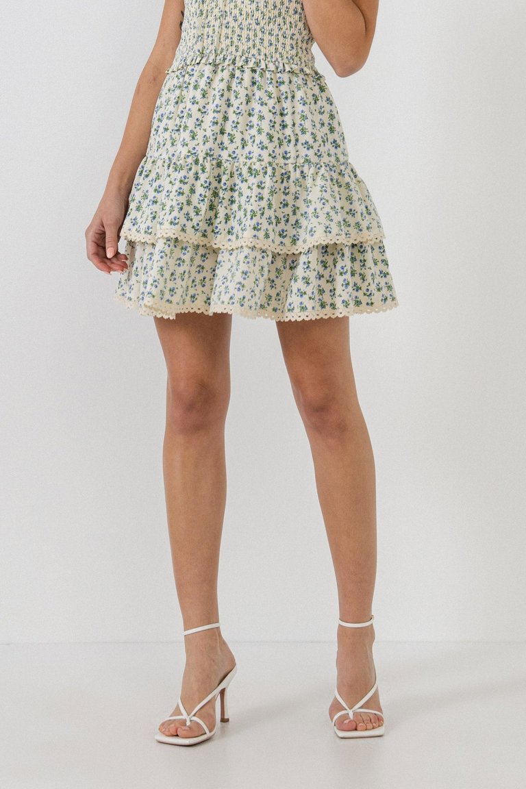 Floral Lace Trim Detail MIni Skirt - Ivory/Blue