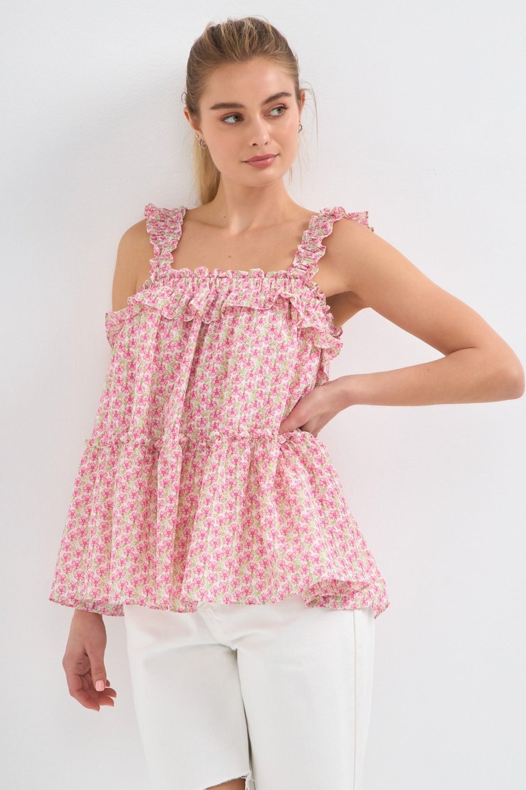 Floral Textured Flounce Top - Pink