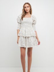 Lace Trim Floral Print Smocked Sleeve Mini Dress - White