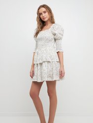 Lace Trim Floral Print Smocked Sleeve Mini Dress