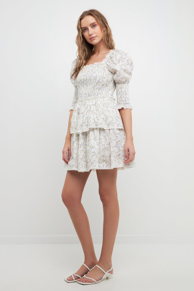 Lace Trim Floral Print Smocked Sleeve Mini Dress
