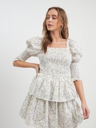 Lace Trim Floral Print Smocked Sleeve Mini Dress