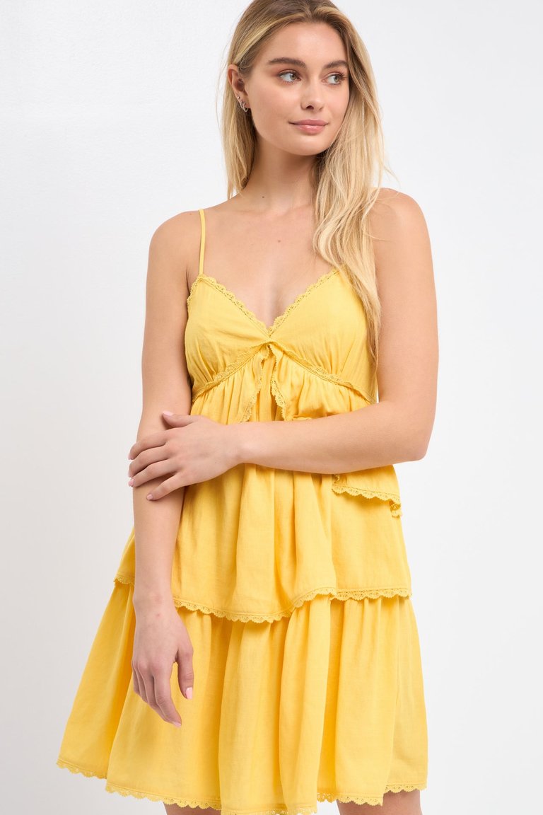 Lace Trimmed Cascade Tiered Mini Dress - Yellow