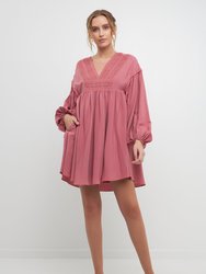 Laced Blouson Sleeve Shift Dress - Berry Red