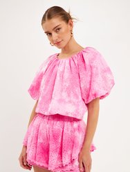 Paisely Eyelet Balloon Top with Tie-dye Effect - Pink