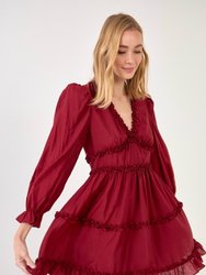Ruffle Detail Mini Dress - Burgundy