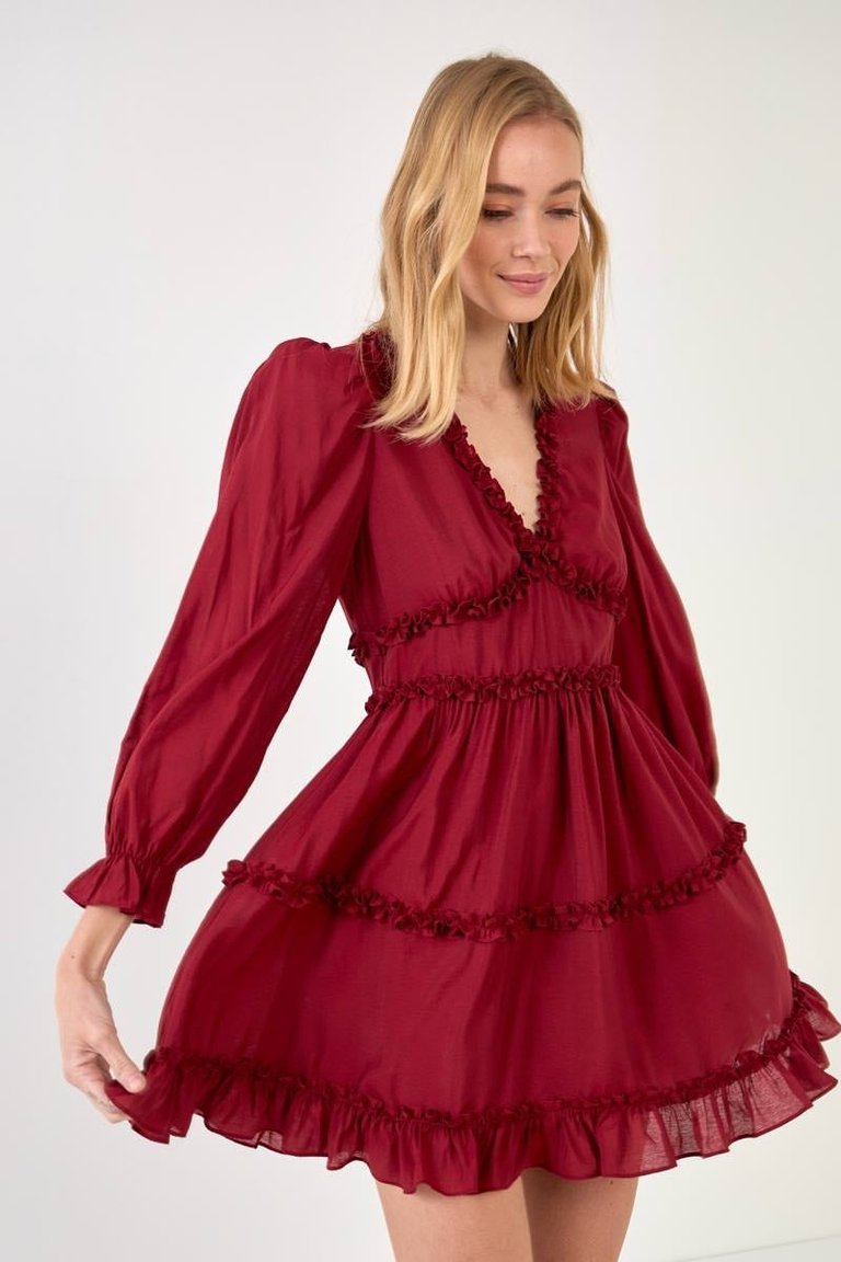 Ruffle Detail Mini Dress - Burgundy