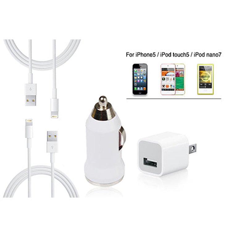 1 Car Charger 1 Wall Charger 2 Cable For iPhone 5 iTouch 5 iPod Nano 7 - White