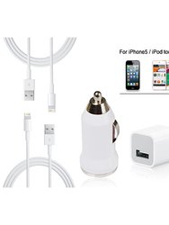 1 Car Charger 1 Wall Charger 2 Cable For iPhone 5 iTouch 5 iPod Nano 7 - White