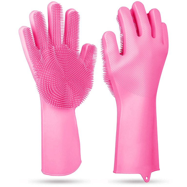 1 Pair Silicone Dishwashing Gloves Cleaning Sponge Scrubber Heat Resistant Pet Safe Wash Gloves - Pink