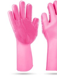 1 Pair Silicone Dishwashing Gloves Cleaning Sponge Scrubber Heat Resistant Pet Safe Wash Gloves - Pink