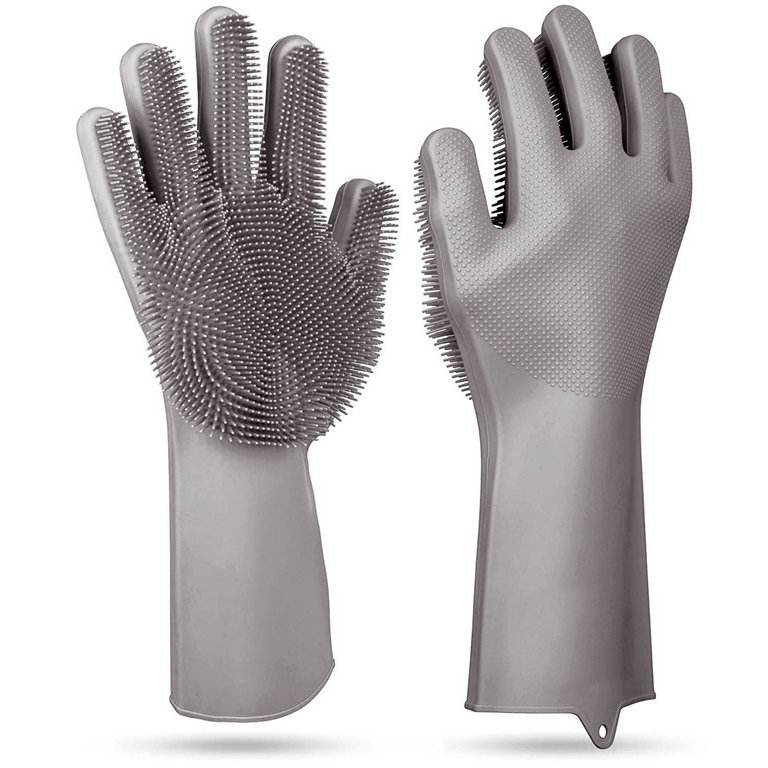 1 Pair Silicone Dishwashing Gloves Cleaning Sponge Scrubber | Heat Resistant | Pet Safe | Wash Gloves - Gray