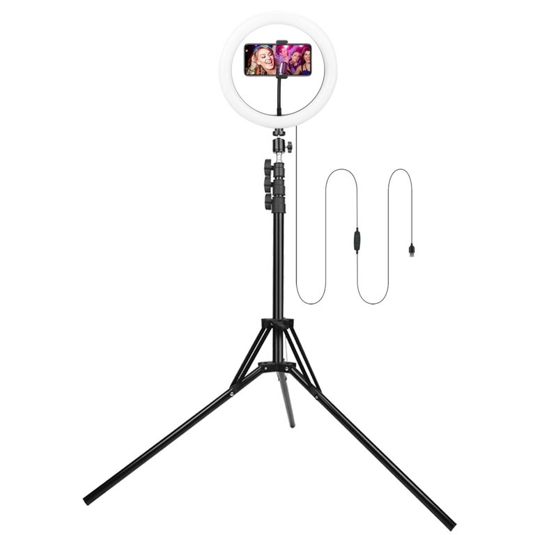 10" LED Selfie Ring Light - Dimmable, 120 LEDs, Adjustable Tripod Stand, Cell Phone Holder - Perfect For YouTube Videos/Live Streams - Black