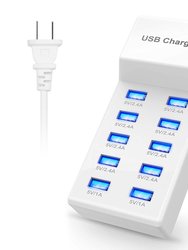 10-Port USB Charging Hub: Fast Charge Power Adapter for Phone & Tablet - White