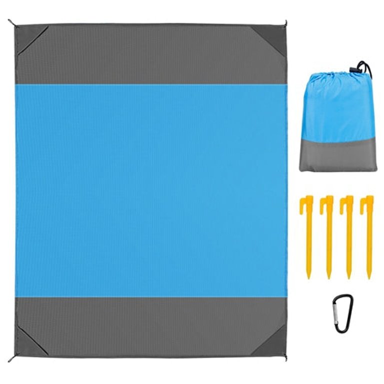 108" x 96.46" Sand Proof Picnic Blanket Water Resistant Foldable Camping Beach Mat With 4 Anchors 1 Carry Bag For 4-6 People - Blue