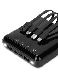 10K mAh Power Bank With 4 Cables & LED Flashlight - Black
