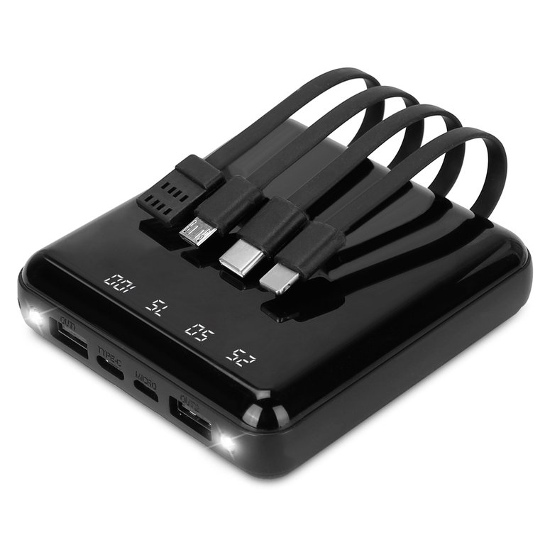 10K mAh Power Bank With 4 Cables & LED Flashlight - Black