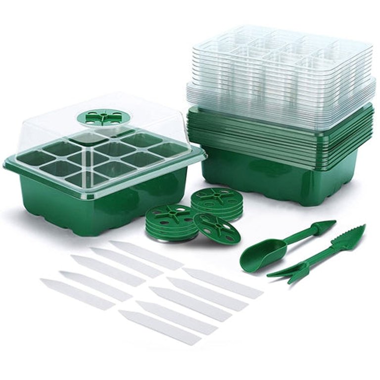 10Pcs Seed Starter Tray Kit Reusable Overall 120Cells Seeding Propagator Station Greenhouse Growing Germination Tray With Humidity Dome Label 2Pcs Gar
