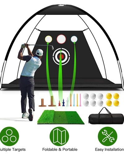 Fresh Fab Finds 10x7' Golf Practice Net Golf Training Aids Driving Hitting Nets With Tri-Turf Golf Mat Target Cloth 10 Golf Balls 7 Golf Tees 2 Rubber Golf Tee Holder product