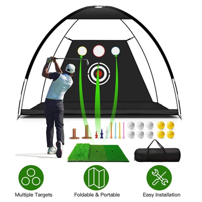 10x7' Golf Practice Net Golf Training Aids Driving Hitting Nets With Tri-Turf Golf Mat Target Cloth 10 Golf Balls 7 Golf Tees 2 Rubber Golf Tee Holder