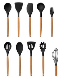 11-Piece Silicone Cooking Utensil Set With Heat-Resistant Wooden Handle - Spatula, Turner, Ladle, Spaghetti Server, Tongs, Spoon, Egg Whisk, And more - Black
