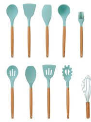 11-Piece Silicone Cooking Utensil Set With Heat-Resistant Wooden Handle - Spatula, Turner, Ladle, Spaghetti Server, Tongs, Spoon, Egg Whisk, And more - Light Green