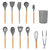 11-Piece Silicone Cooking Utensil Set with Heat-Resistant Wooden Handle - Spatula, Turner, Ladle, Spaghetti Server, Tongs, Spoon, Egg Whisk, And More - Gray