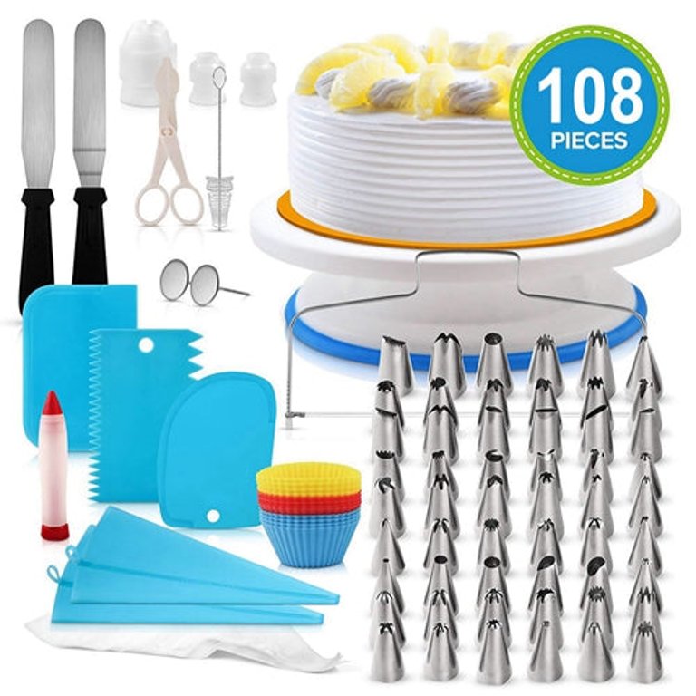 11" Rotating Cake Turntable 108Pcs Cake Decorating Supplies Kit Revolving Cake Table Stand Base Baking Tools - Multi