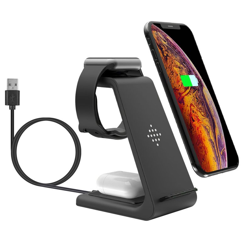 15W 3-In-1 Wireless Charger Dock: Fast Charging Station For iPhone 13/12/11/XS, Apple Watch Series 7/6/5/4/3/2/1, AirPods 2 & Pro - Black
