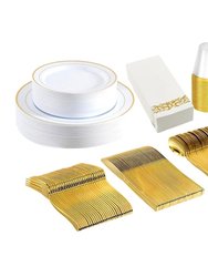 175Pcs Disposable Gold Dinnerware Set Gold Rim Plastic Plates Cups Fork Spoon Knife Paper Napkins For Party Wedding Graduation