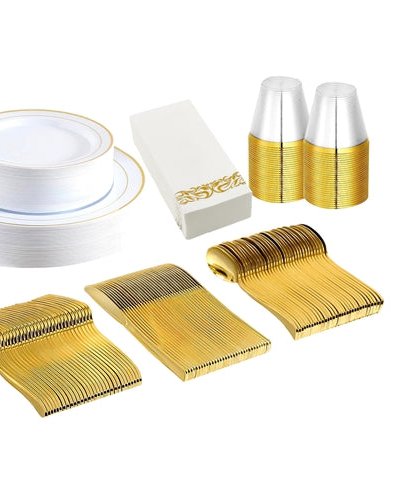 Fresh Fab Finds 175Pcs Disposable Gold Dinnerware Set Gold Rim Plastic Plates Cups Fork Spoon Knife Paper Napkins For Party Wedding Graduation product