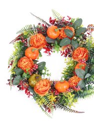 17.71" Autumn Wreath With Pumpkin Mixed Leaves Berries Flowers Fall Decoration