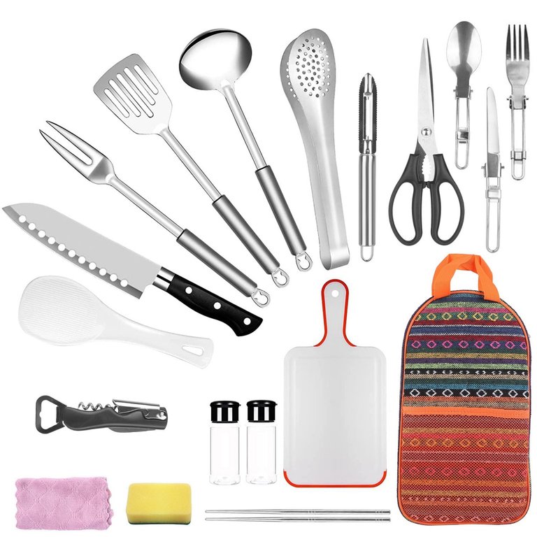 Fresh Fab Finds 19pcs Camping Cookware Set - Portable Outdoor Kitchen Gear with Bag: Utensils Appliances & Equipment for Picnic Campfire BBQ