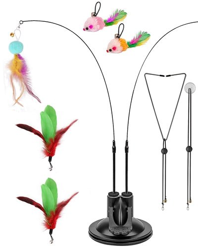Fresh Fab Finds 2 Cat Wand Toys With Suction Cup Double Head Interactive Cat Feather Toy 9Pcs Teaser Replacements With Bell Cats Self Playing Hanging Indoor Cat Toy product