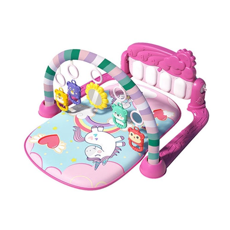 2 In 1 Baby Gym Play Mat Tummy Time Mat Musical Activity Center with 5 Rattle Toys 422 Melodies for 0-12 Months Old Space Dinosaur Unicorn - Pink