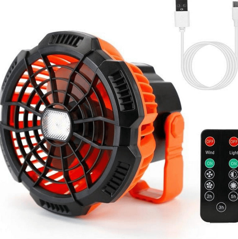 2-In-1 Camping Fan /Lantern - Remote Control, USB Rechargeable, Portable Tent Fan With Hanging Hook - 2 Speeds - Orange